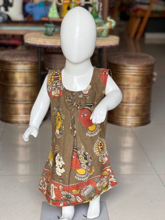 Olive green faces print kalamkari cotton frock for girls