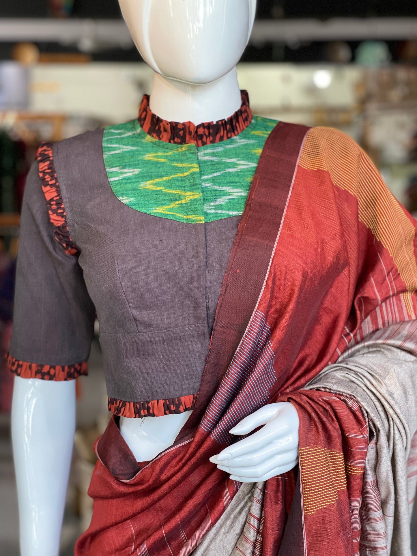 Jhiri handloom cotton and ikat combination hand embroidered blouse with ruffles