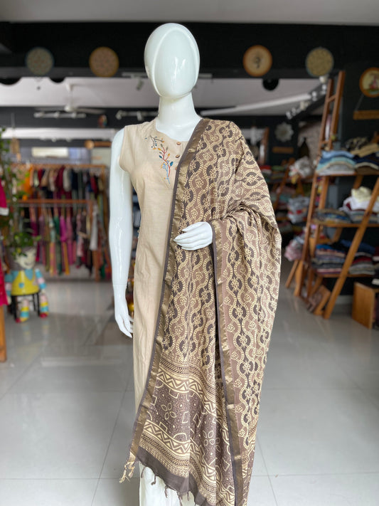 Ajrakh hand block dupatta on light brown base