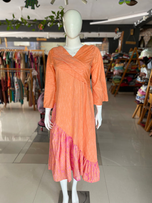 Orange dress with soft modal shibori gathers at hemline