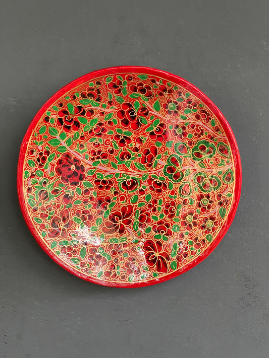 Papier mache hand painted wall plate - red and green