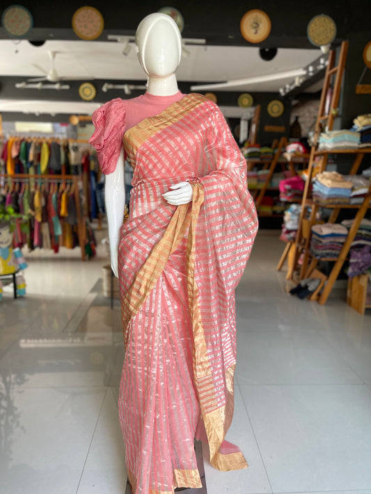Peach Silk cotton handloom chanderi saree with stripes