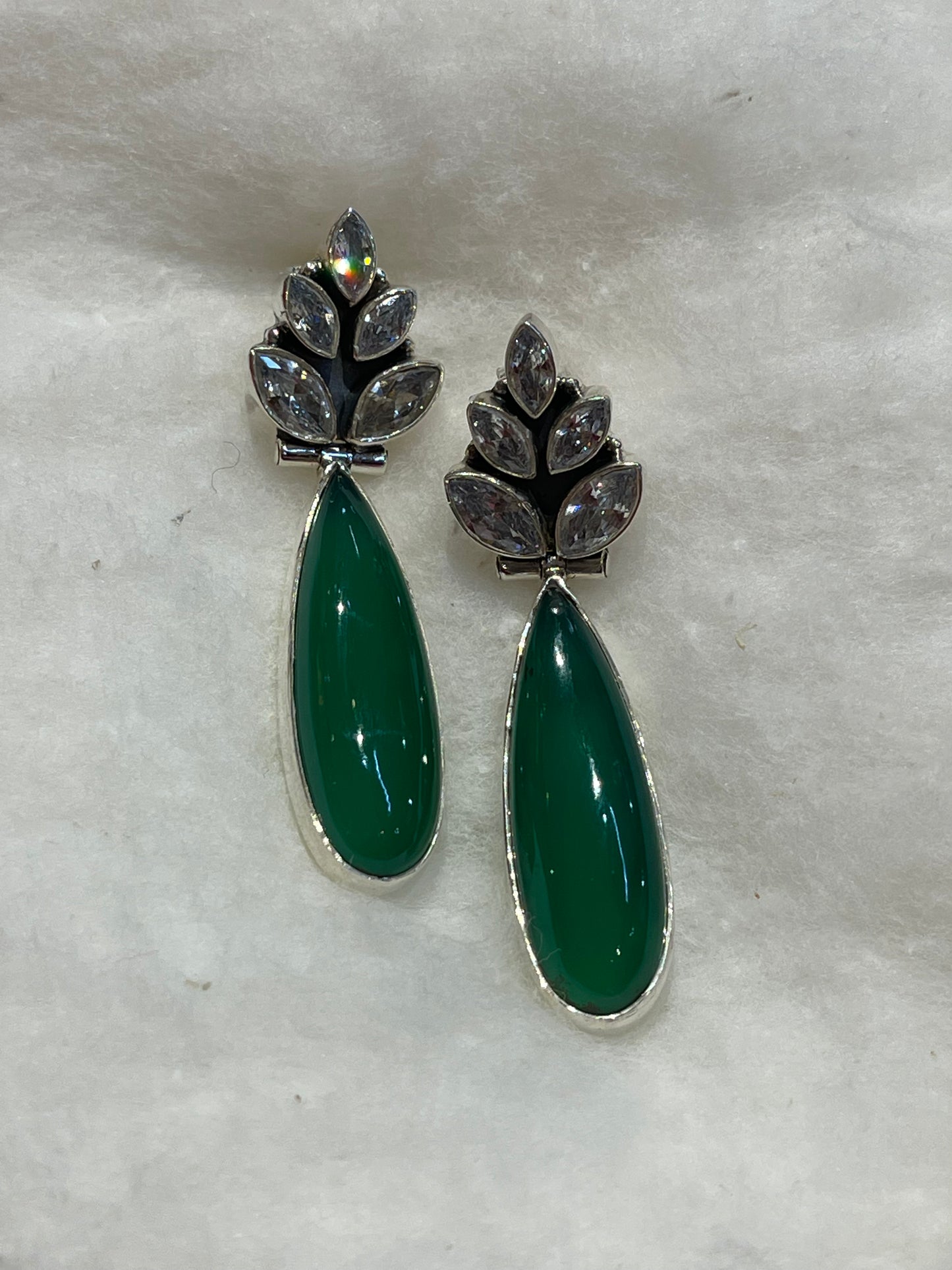 White stones studs with long green stone drop earrings in 92.5 sterling silver