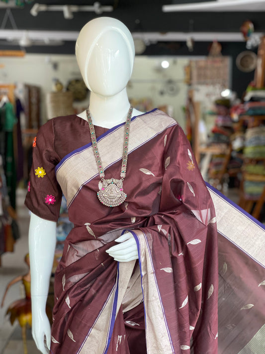 Brown silk cotton handwoven Chanderi saree with leaves butis