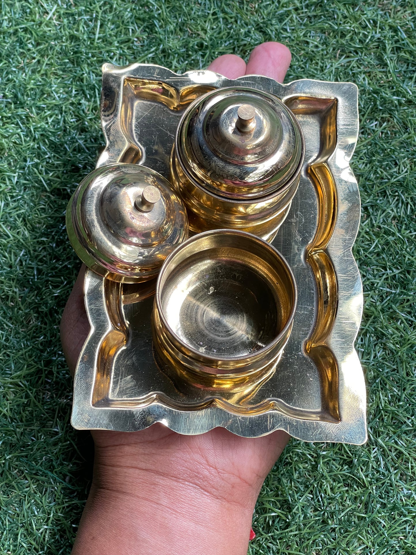 Brass tray with double haldi kumkum container and lids