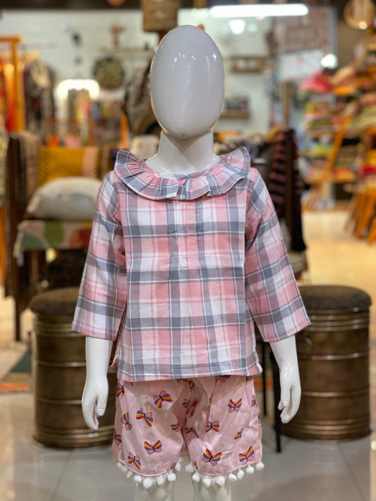 Pink, white and grey checks long sleeves top for girls