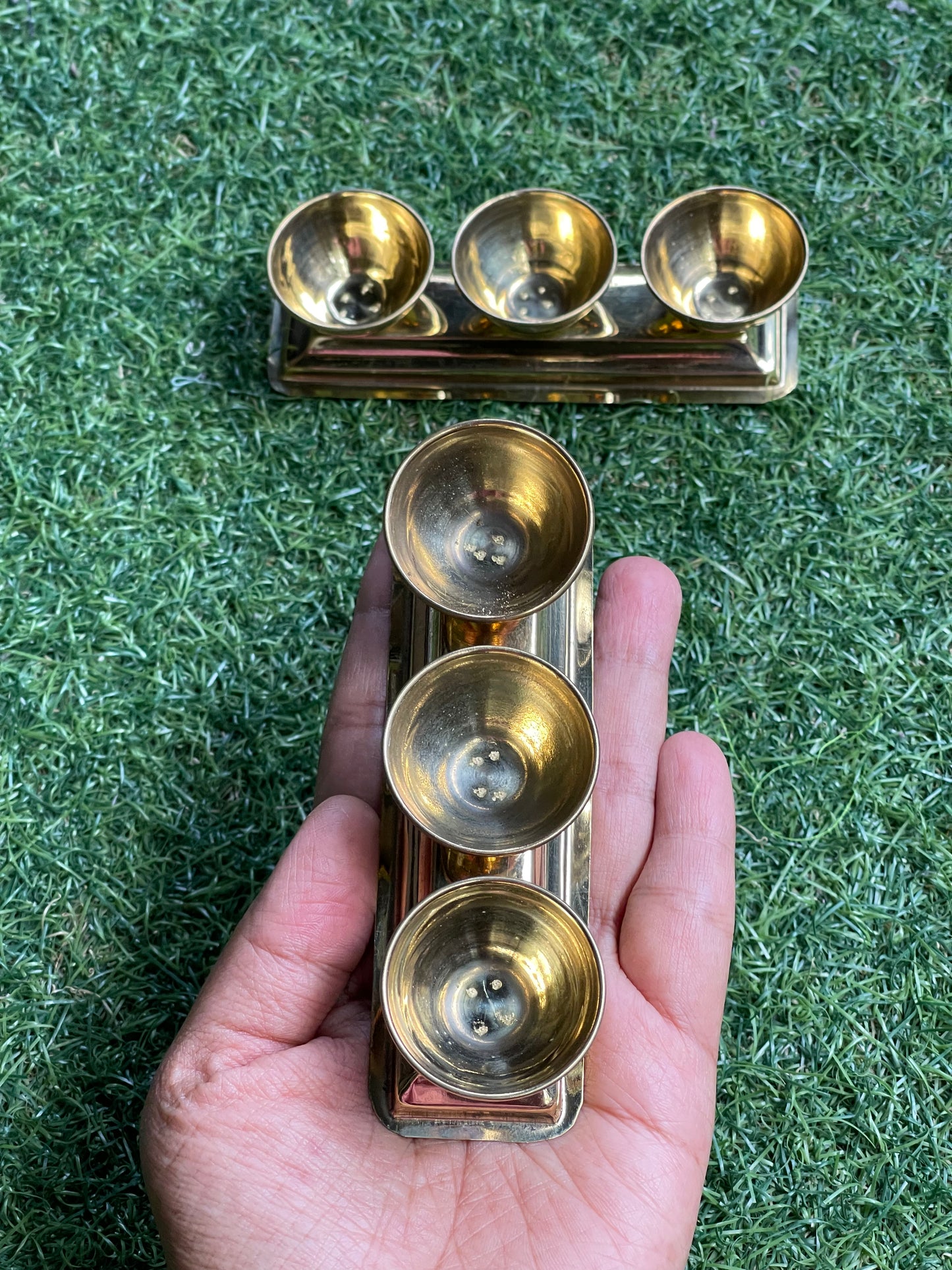 Brass tray with triple haldi kumkum akshat containers