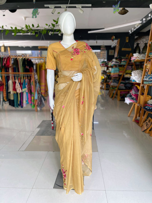 Beige embroidered kota cotton saree