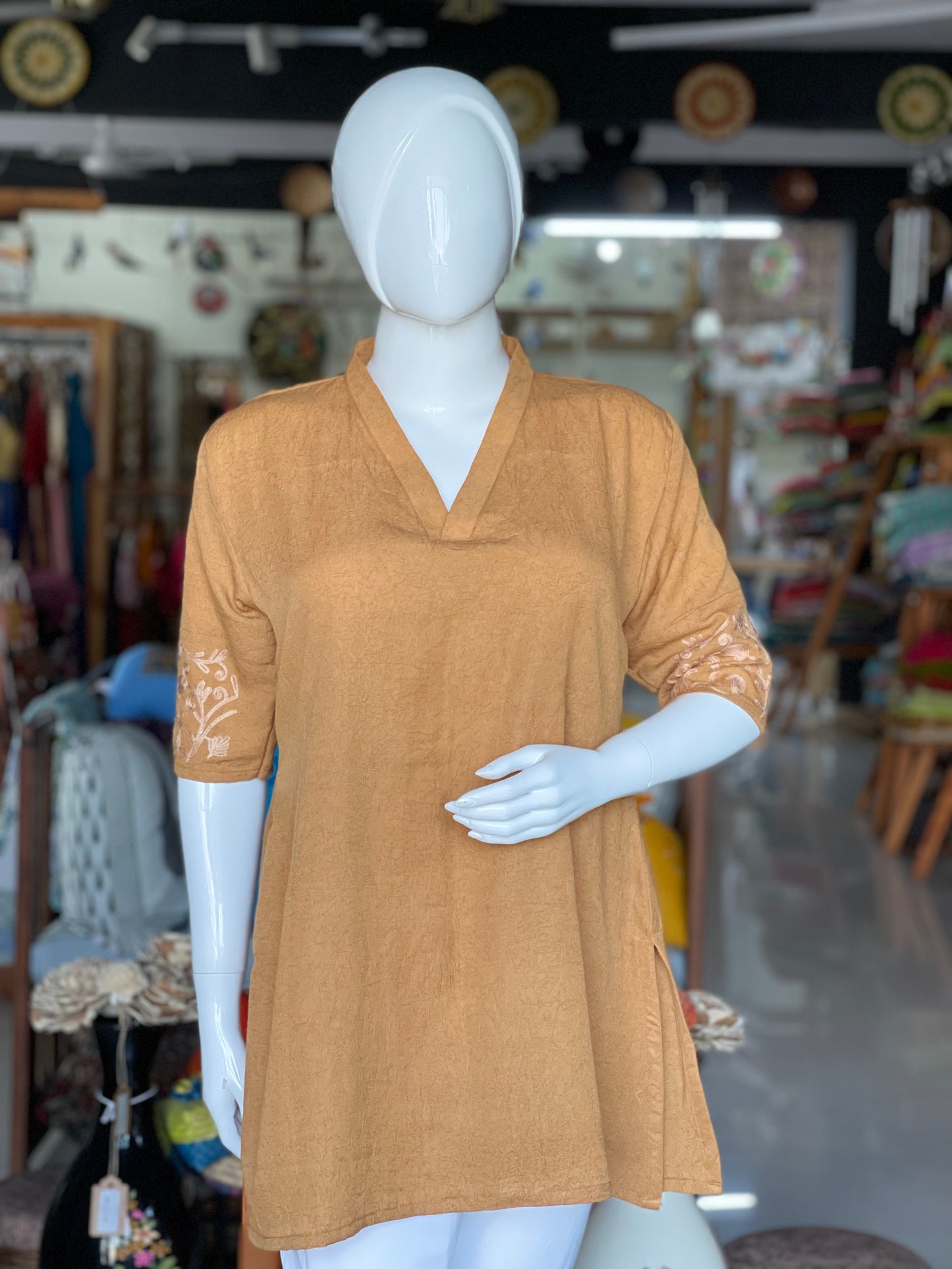 Light brown Kashmiri aari embroidered short tunic