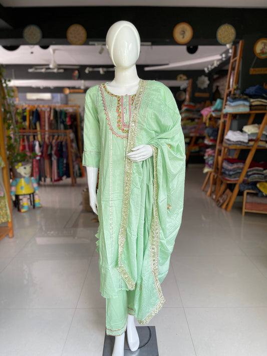 Pastel green cotton 3 piece set with gota embroidery