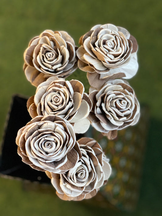 White and brown mix Sholapith handmade rose - 12 cm size