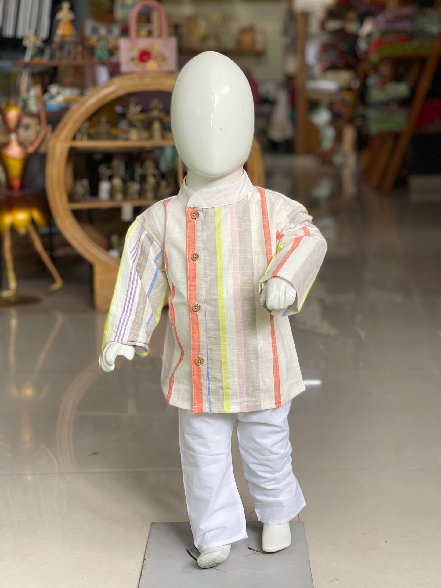 Colorful stripes off white cotton full sleeves short kurta with asymmetric placket kurta for boys