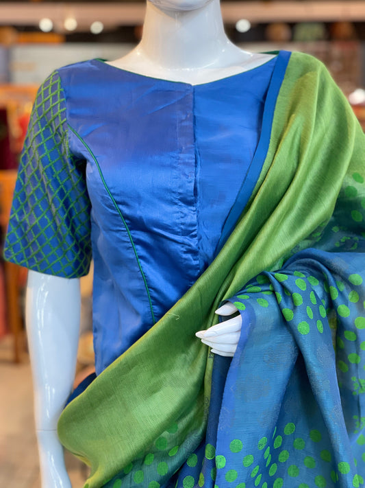 Blue silk cotton long blouse with green chikankari hand embroidery