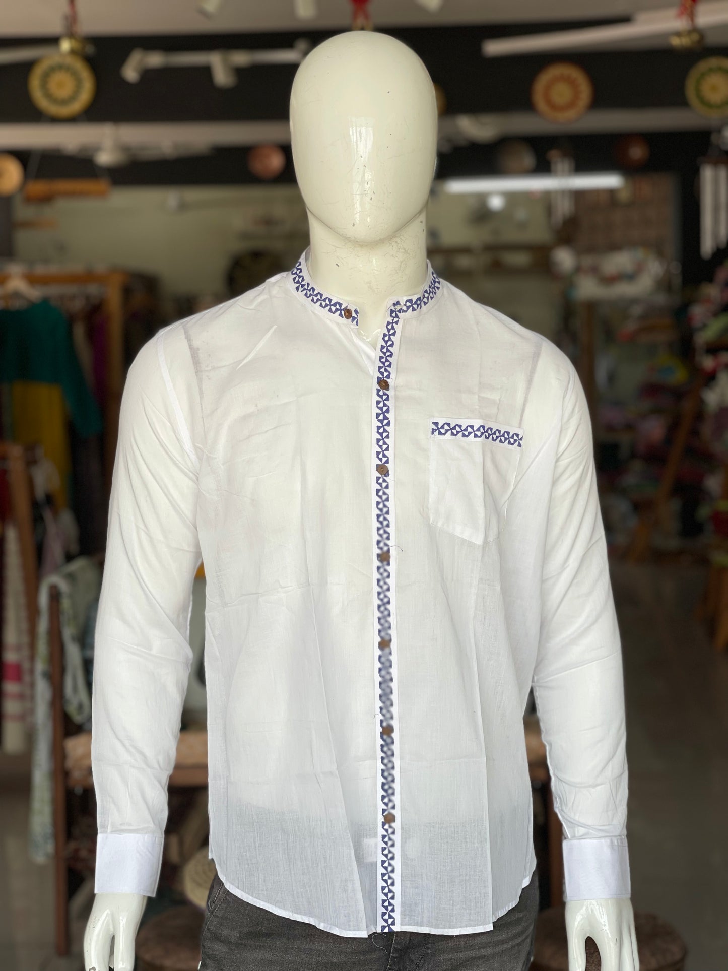 White hand block printed cotton band collared shirt for men