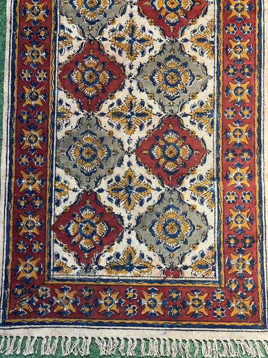 Grey maroon cotton Kalamkari hand block printed runner carpet 2 x 5 ft