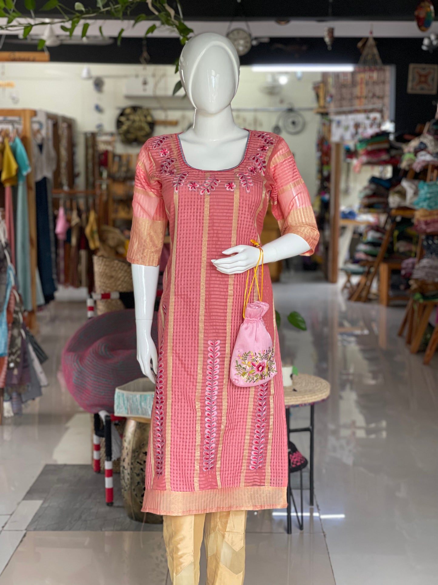 Peach embroidered kota cotton straight Kurti with lining