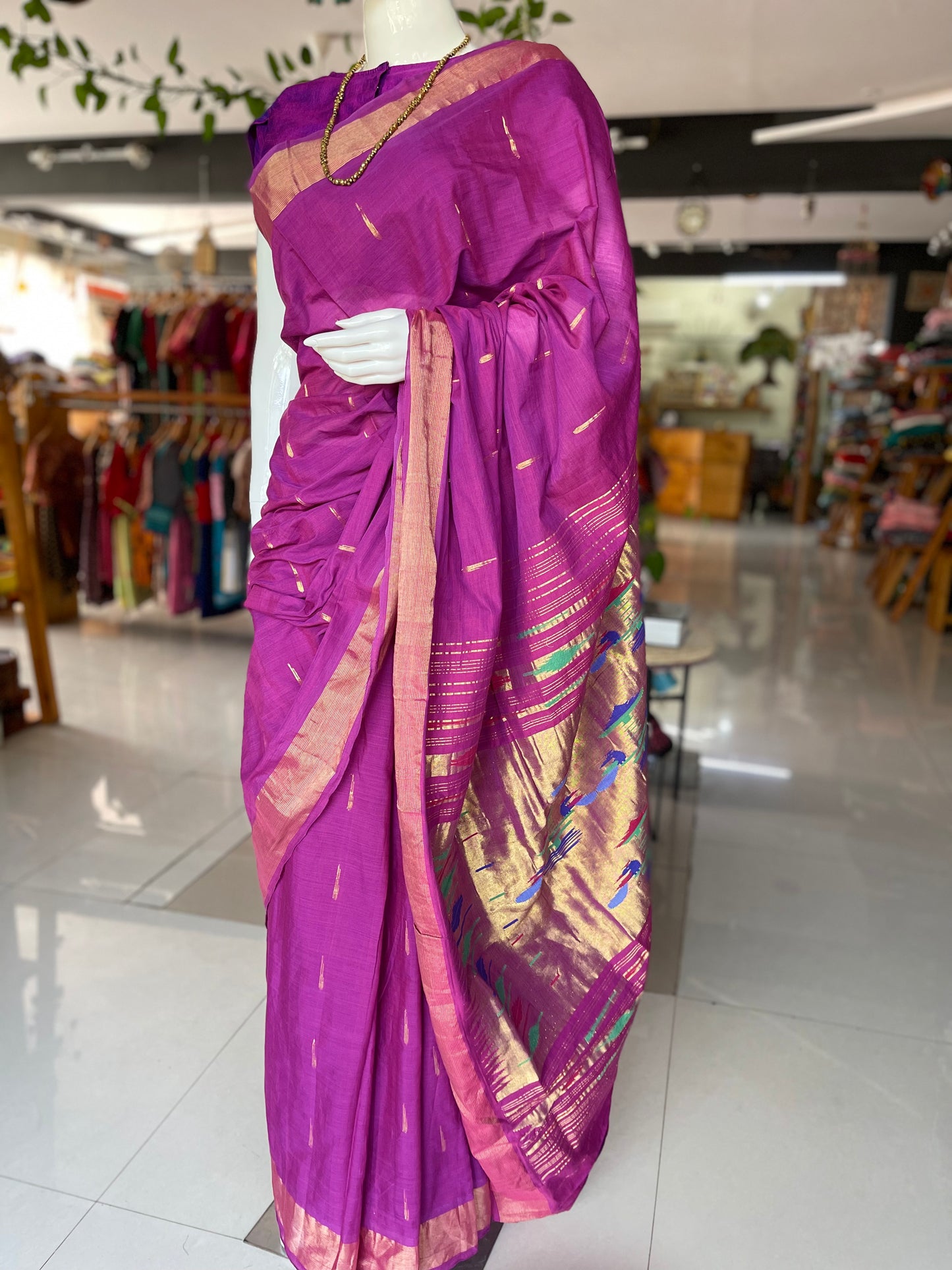 Cotton handloom Paithani saree with muniya buttis all over