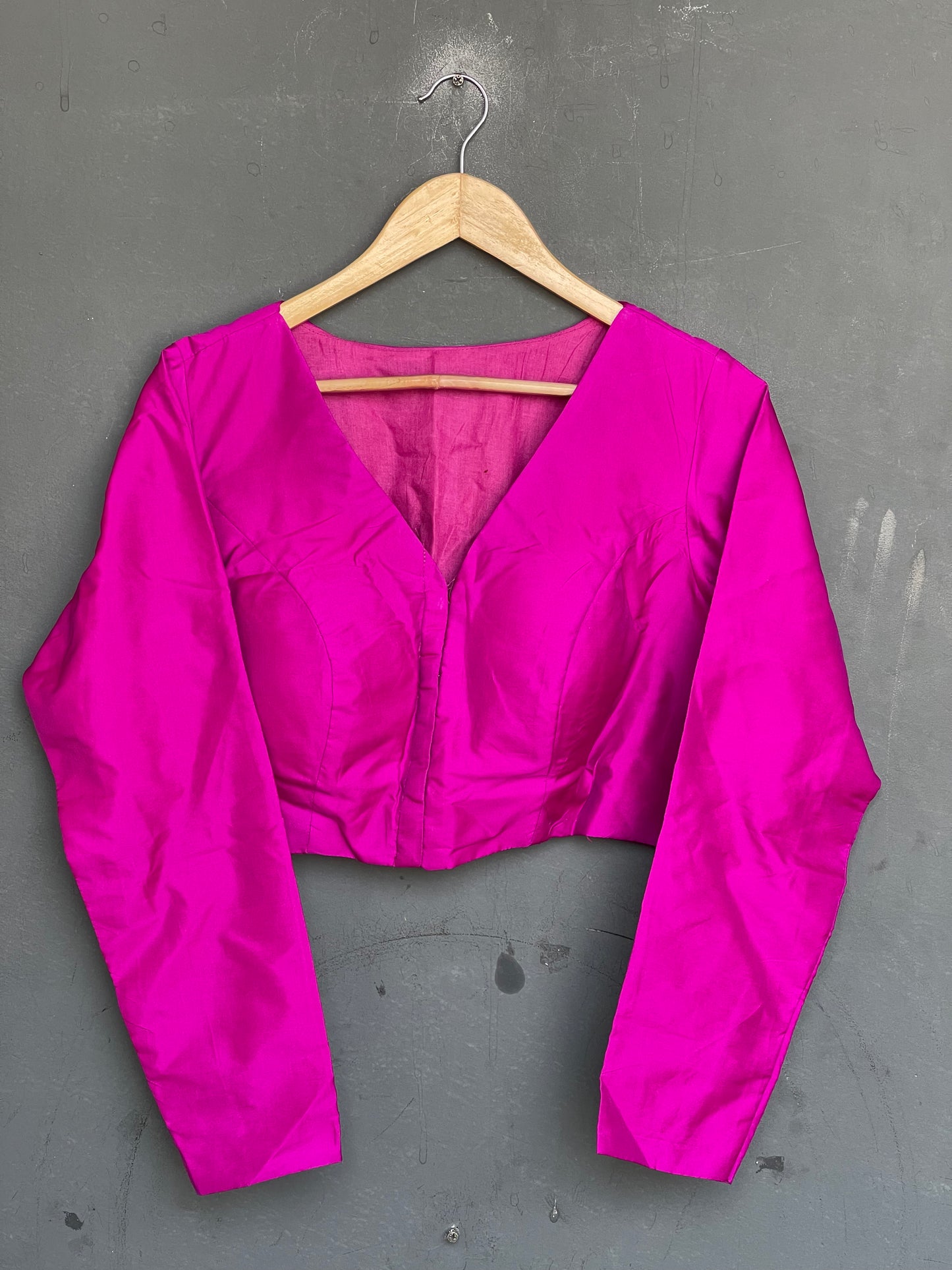 Purple silk full sleeve front open blouse with lining and pads
