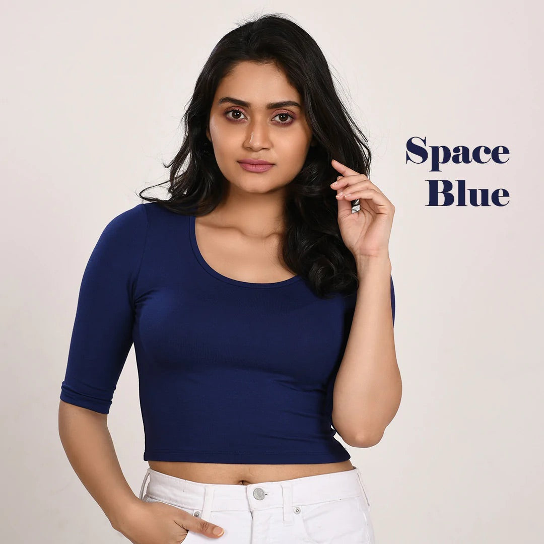 Stretchable elbow sleeves plus size plain blouse