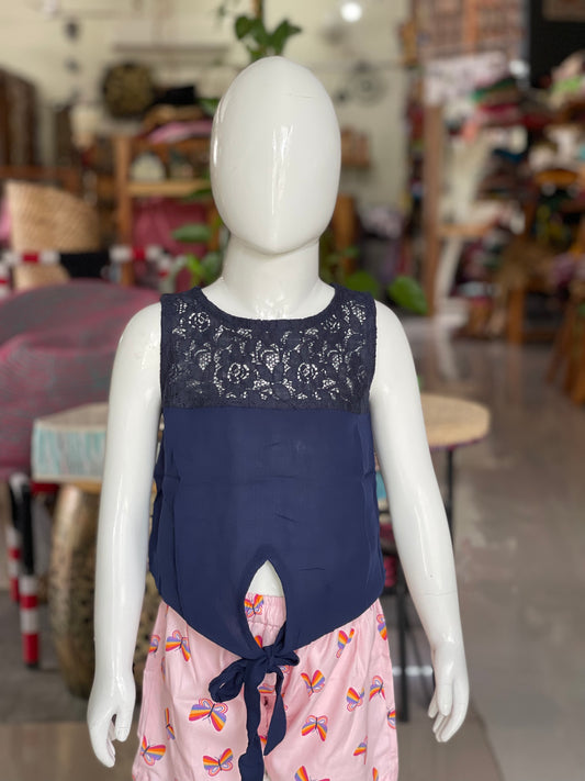 Navy Blue top with black lace yoke for girls