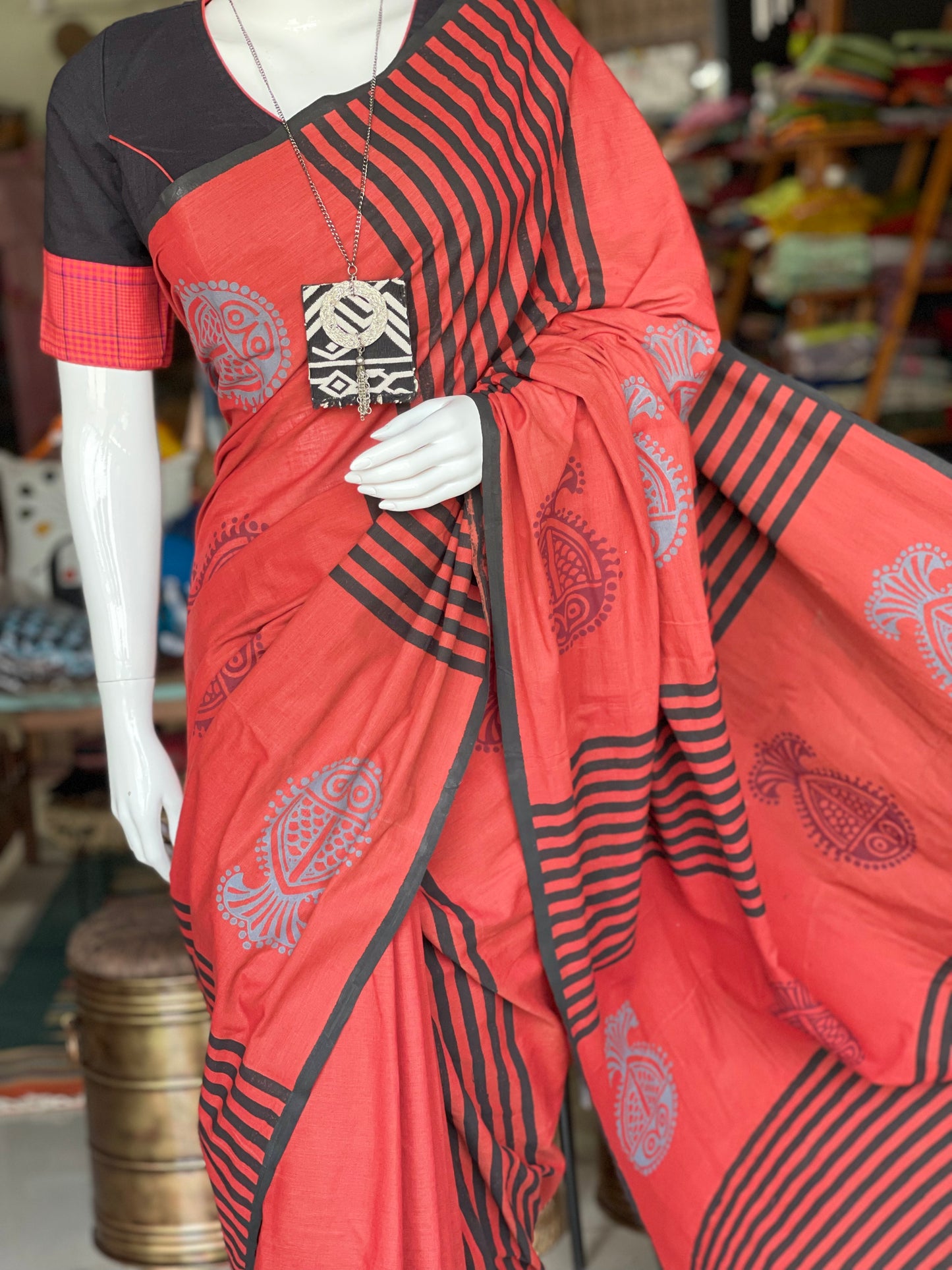 Maroon and black hand block printed cotton designer saree