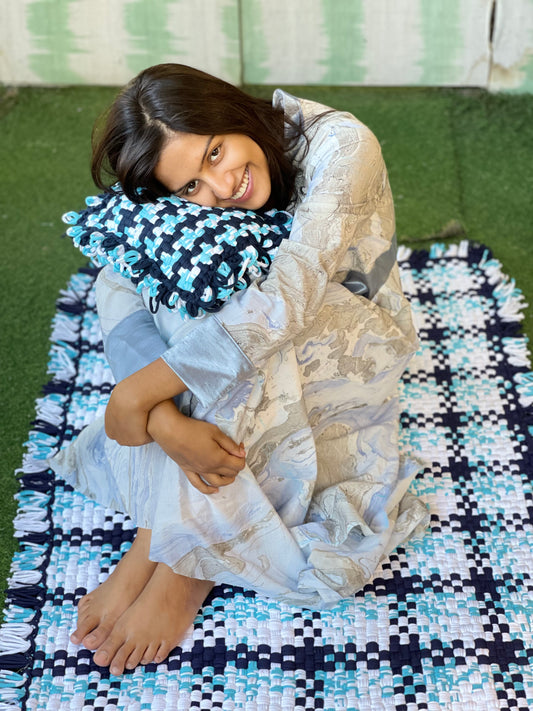 Blue and white checks handwoven upcycled knitted cotton rug