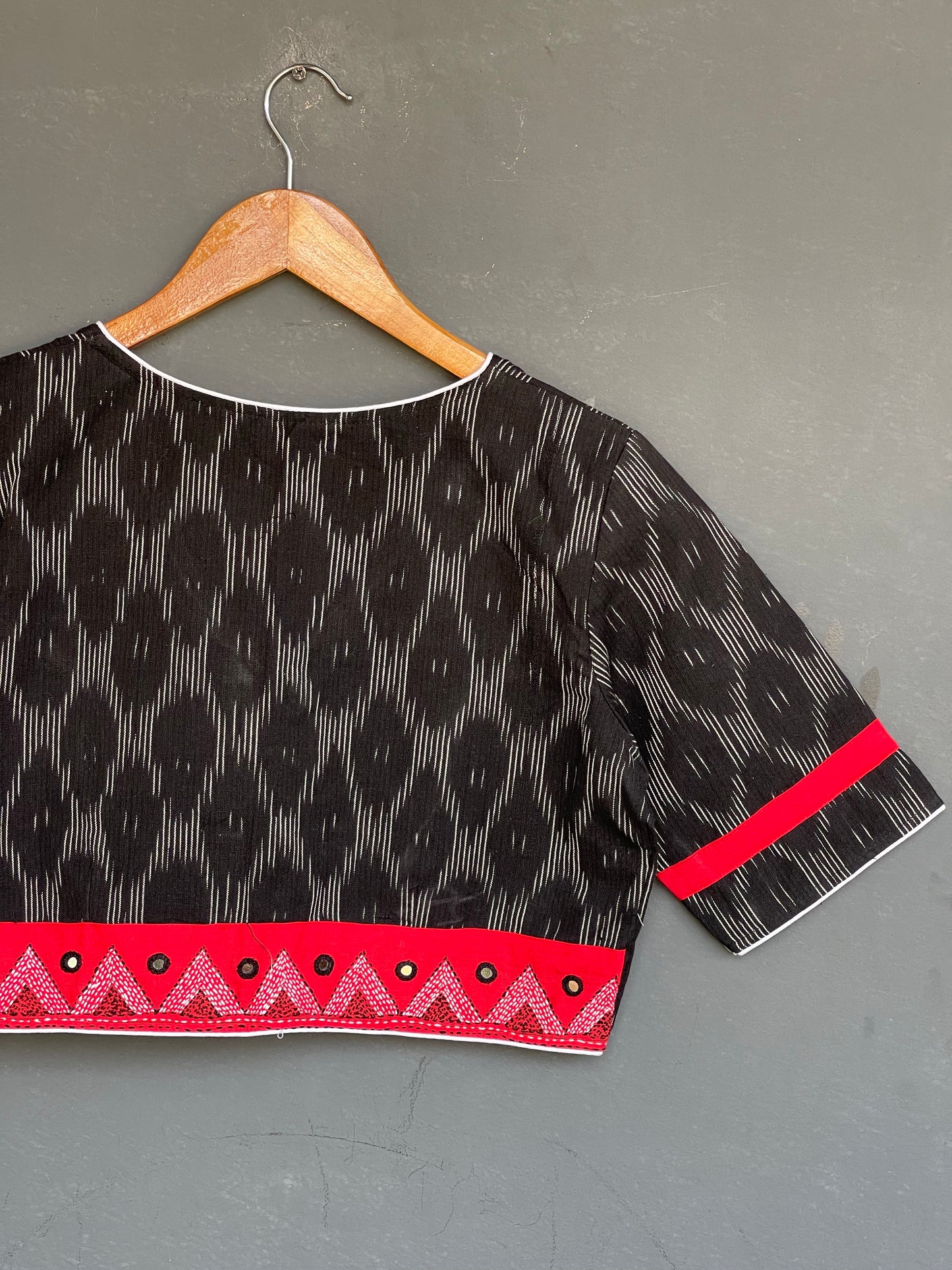 Black cotton ikat with back border embroidery blouse