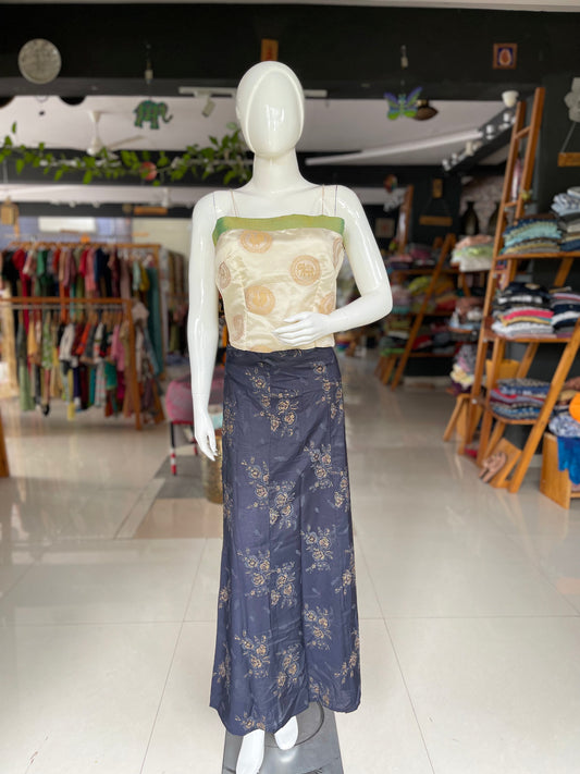 Navy blue kalis straight silk skirt with khadi gold prints