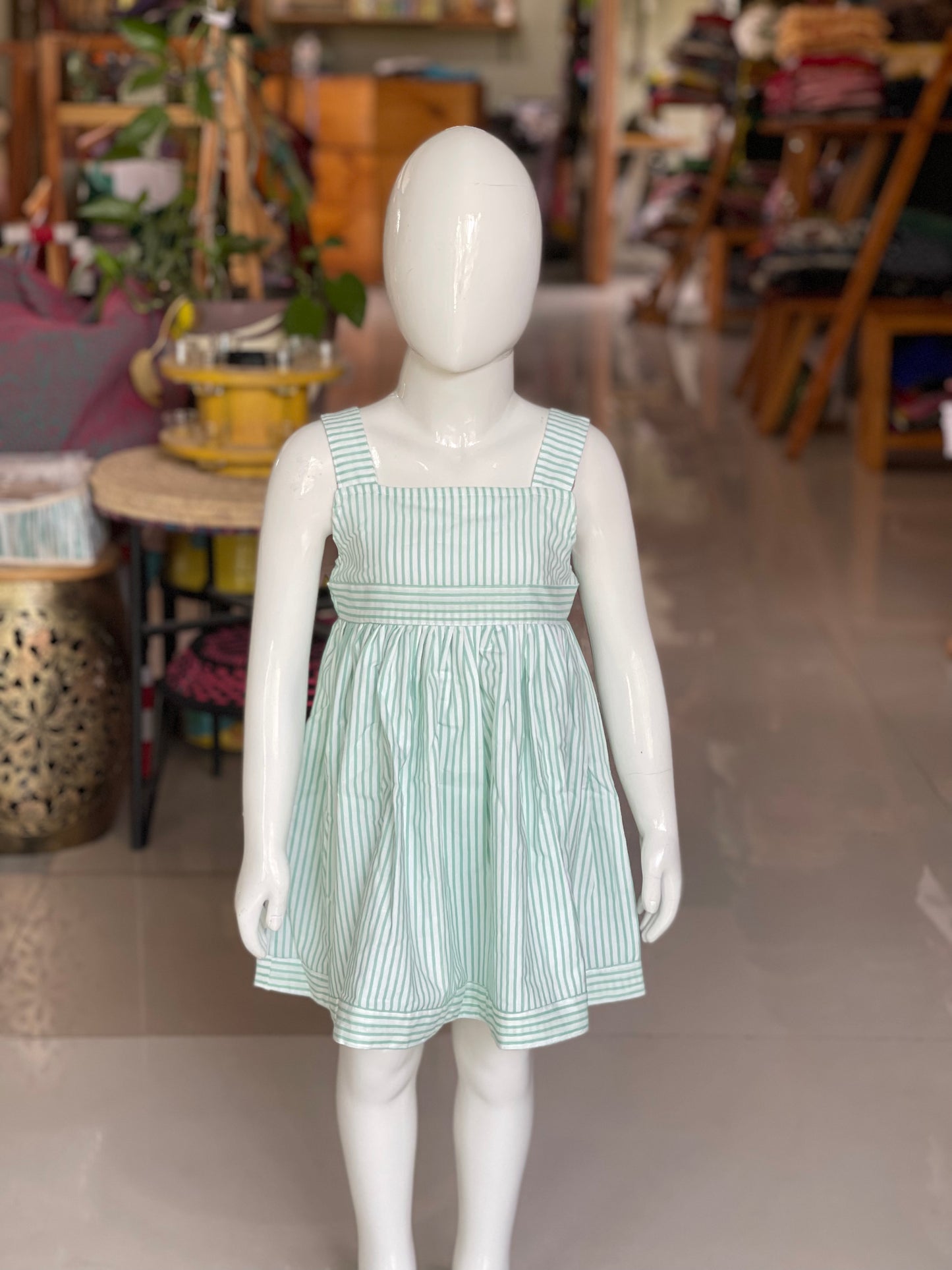 Cotton stripes frills dress for girls with strap sleeves