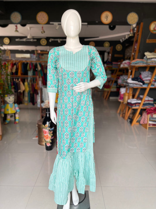 Sea green printed cotton straight kurta and sharara  - 2 piece set