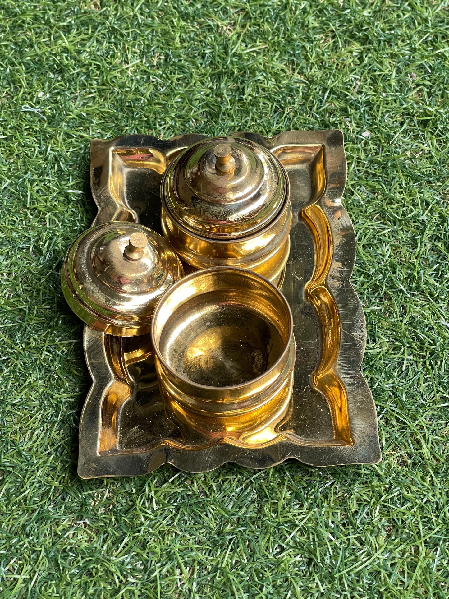 Brass tray with double haldi kumkum container and lids