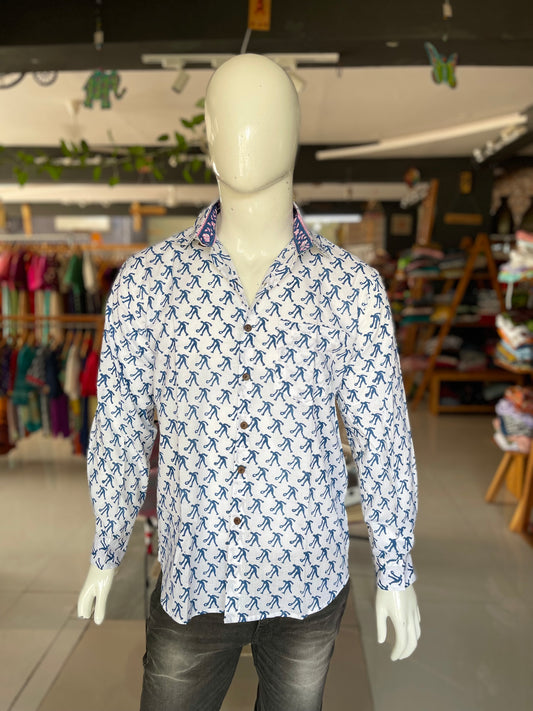 White block printed mens full sleeves shirt