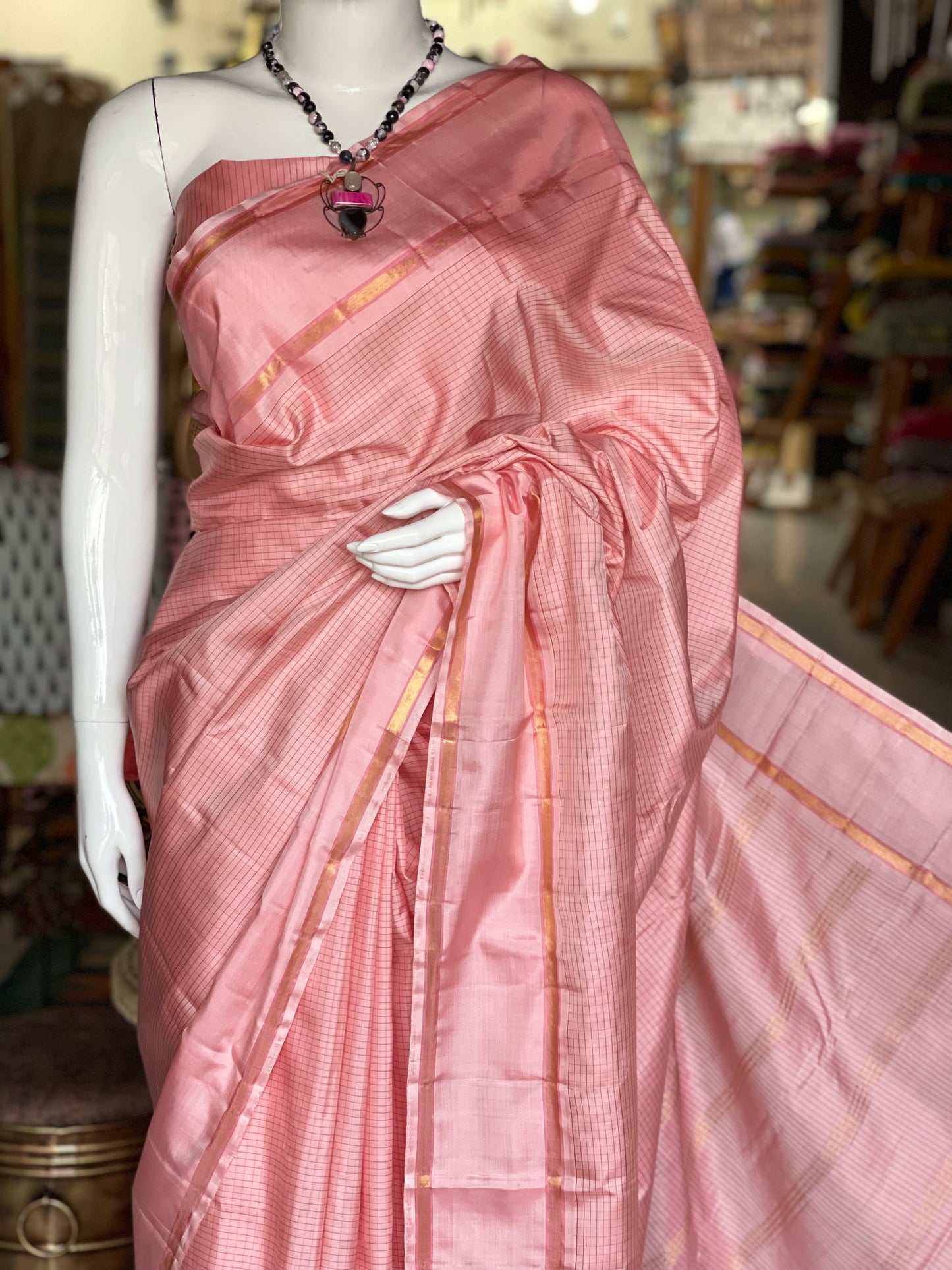 Light pink small checks pure silk handloom kanjeevaram pattu saree