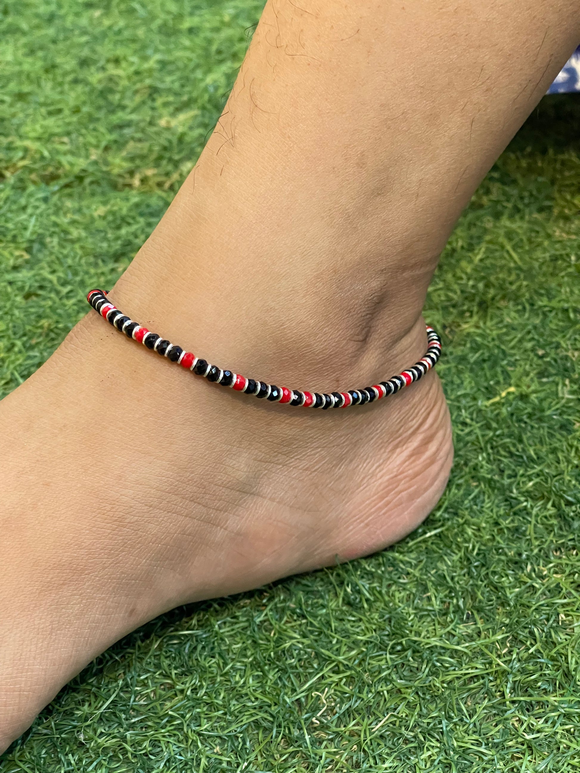 Red and Black beads nazariya sterling silver anklet single