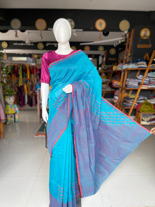 Blue and pink birds and zigzag hand block printed silk cotton designer saree