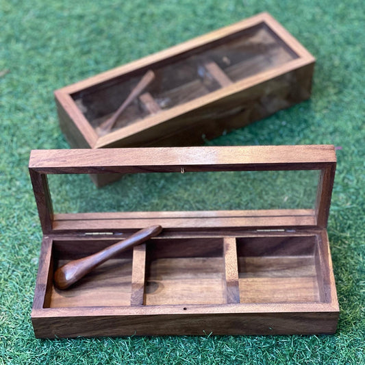 Three partition wooden spice box with glass top and spoon