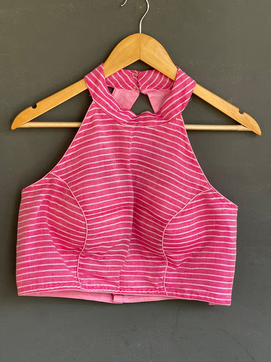 Pink stripes handloom cotton halter neck blouse