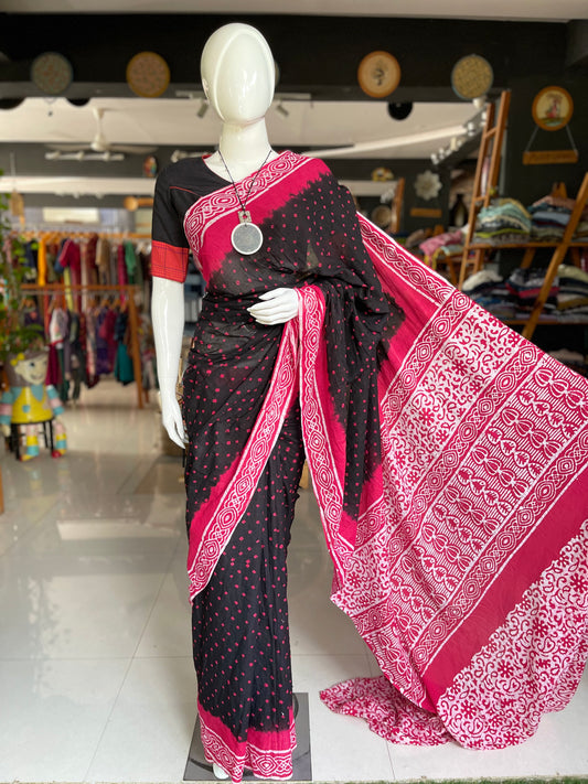 Soft cotton black bandini saree with batik border and pallu