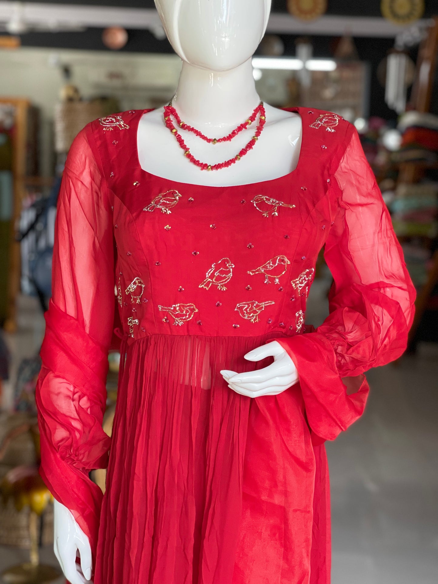 Bright red birds embroidered long top with pants and dupatta set