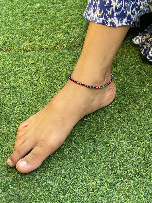Red and Black beads nazariya sterling silver anklet single