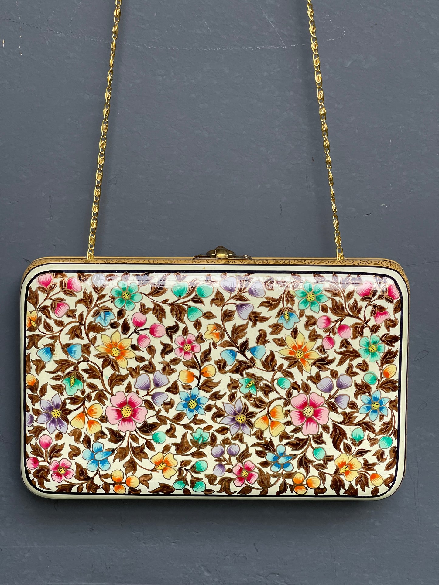 Colourful flowers hand painted Papier mache sling bag / clutch