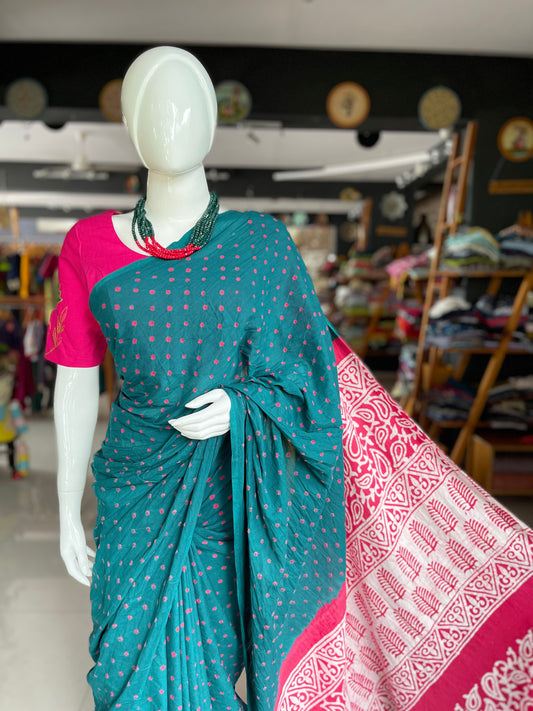 Soft cotton green and pink batik bandini saree