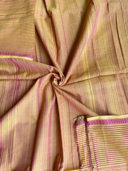 Green and pink uneven stripes Maheshwari handloom cotton fabric with border