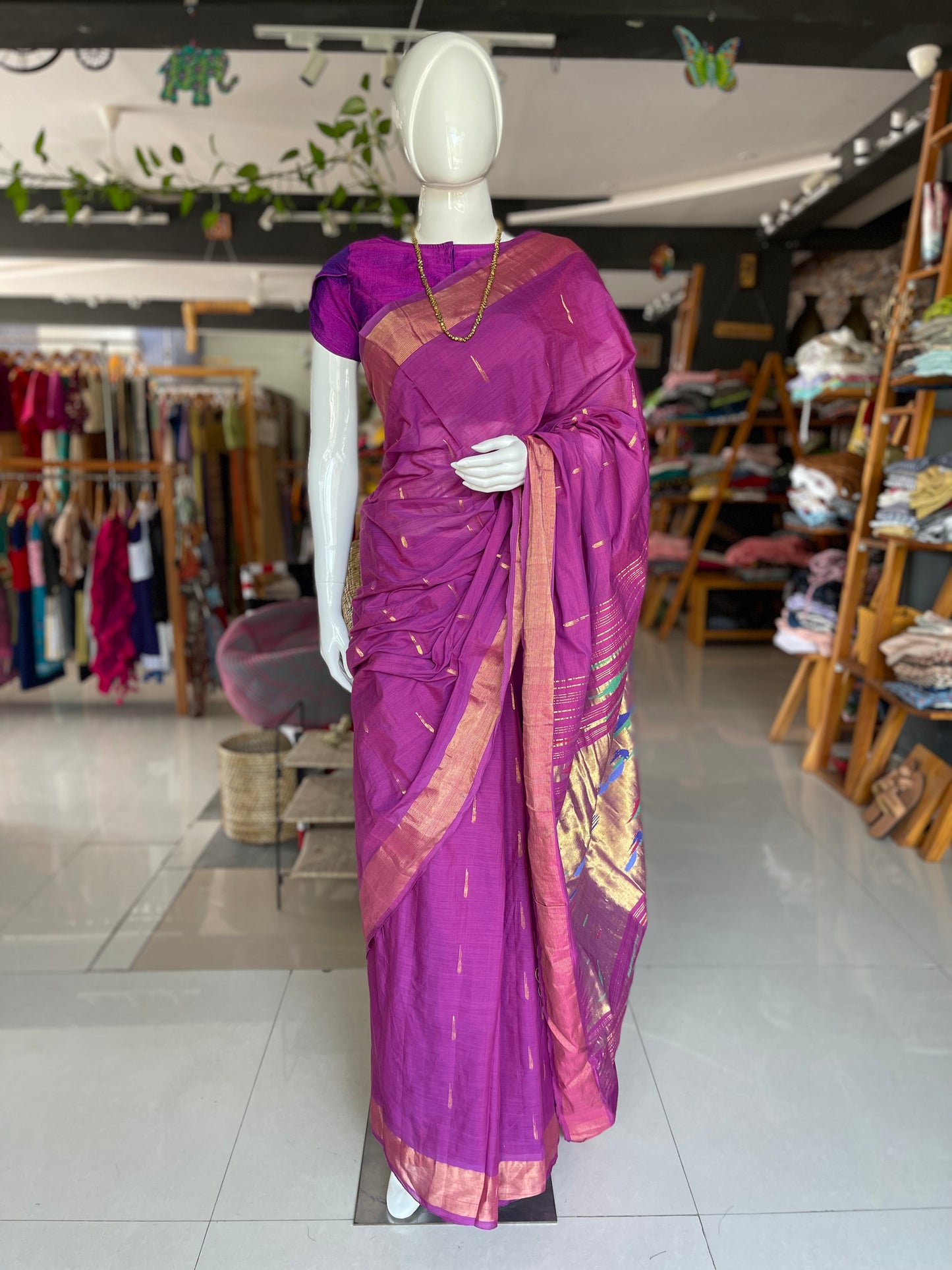 Cotton handloom Paithani saree with muniya buttis all over