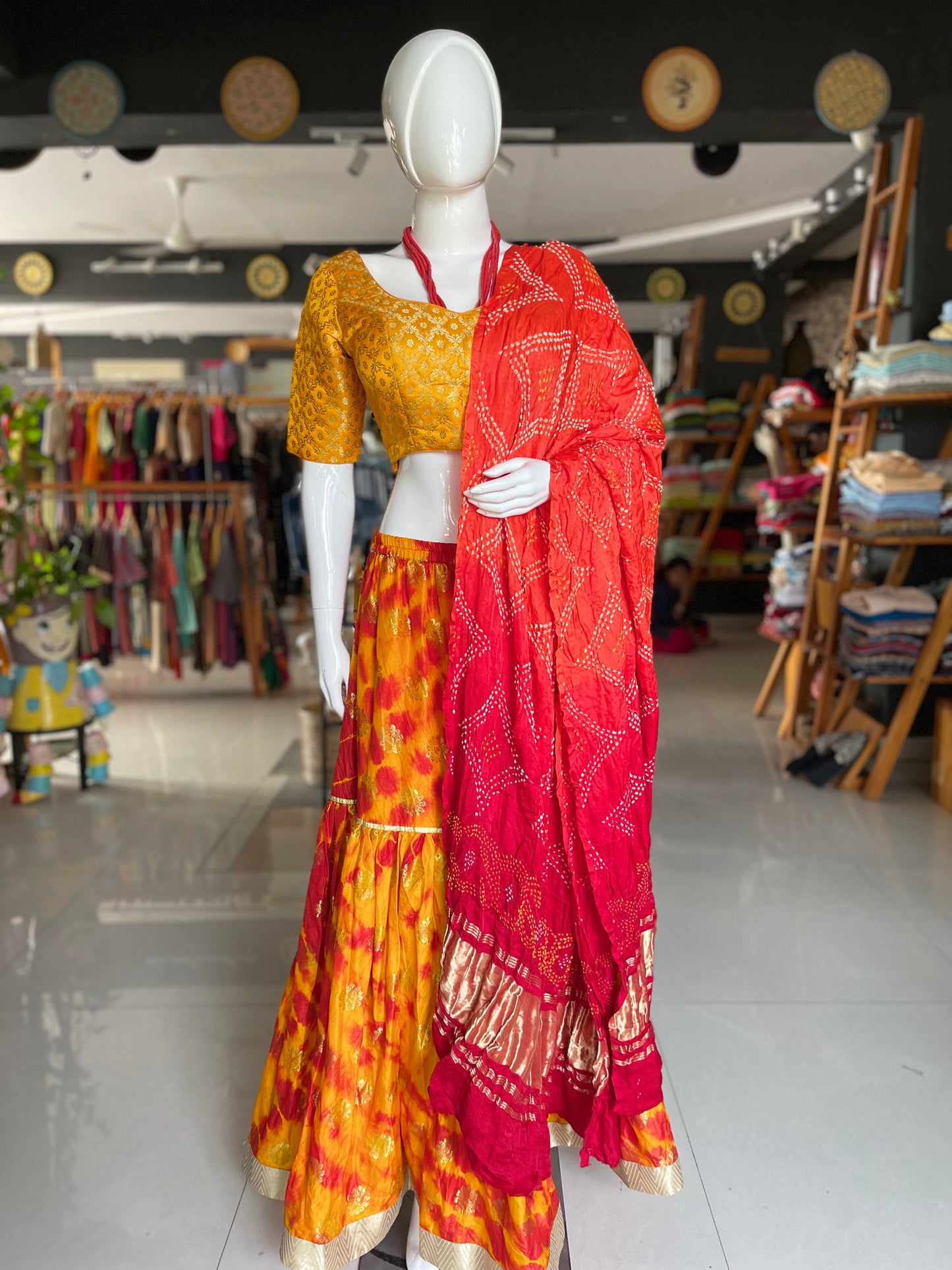 Red and orange bandini tie dye gajji silk dupatta with tissue palla