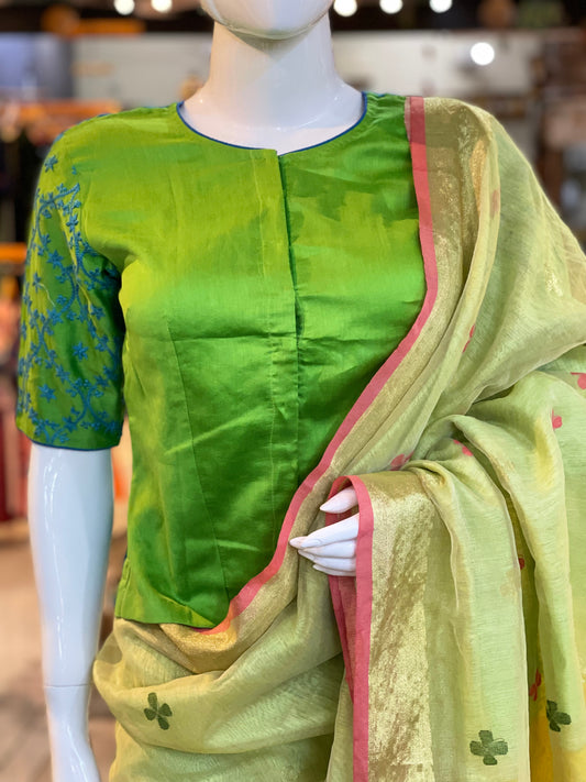 Green silk cotton long blouse with blue Chikankari hand embroidery