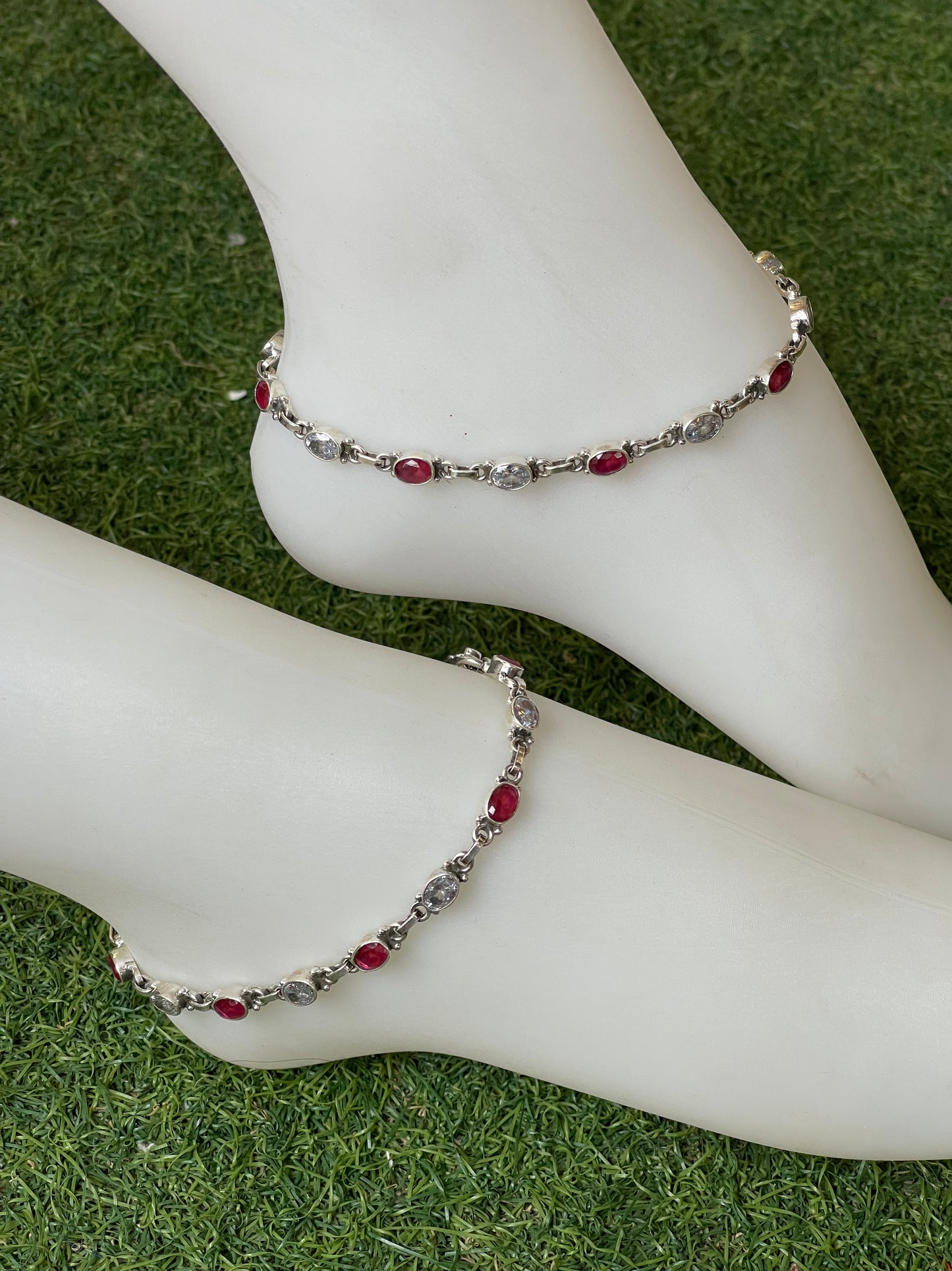 Pink and white oval stones 92.5 sterling silver anklets pair