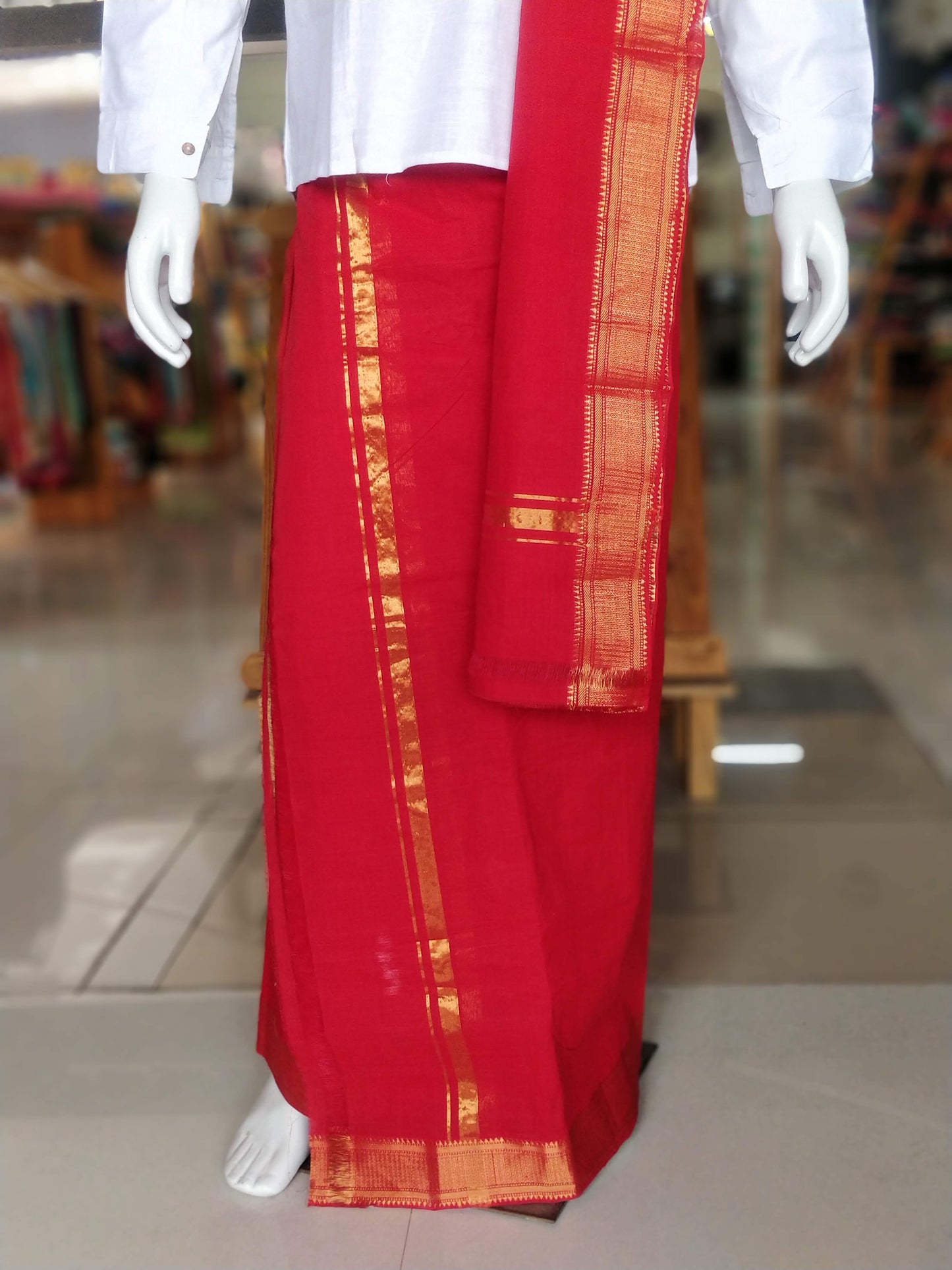 Handloom cotton red pancha kanduva set