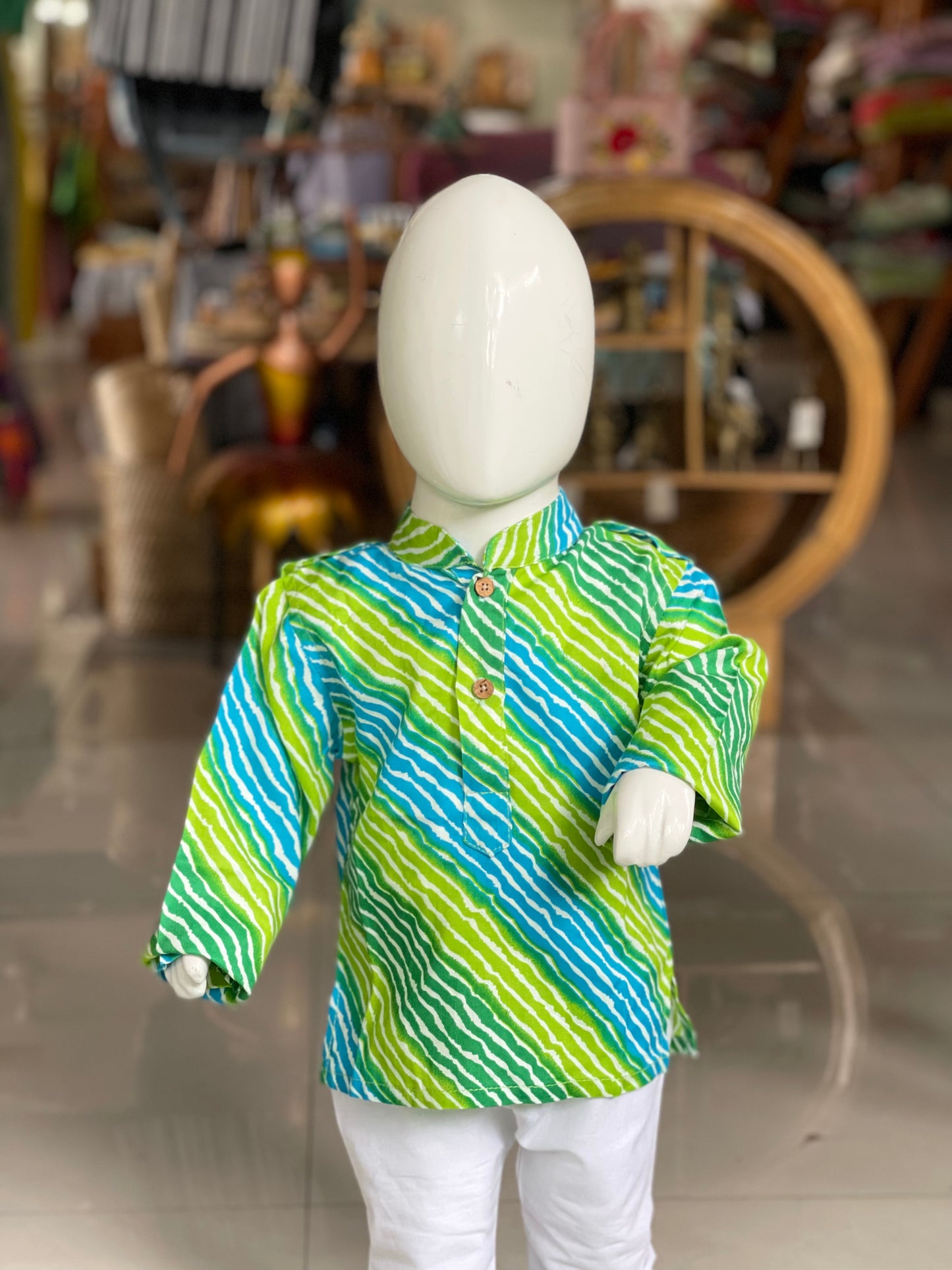 Blue green lehariya print cotton full sleeves short kurta for boys