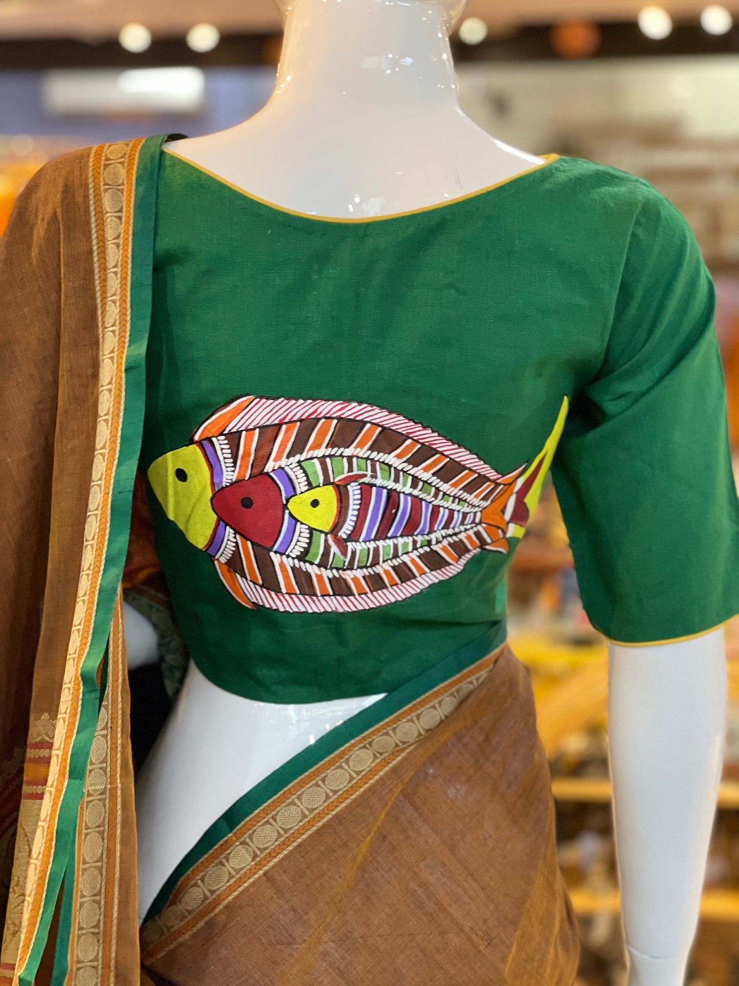 Green hand painted fish design handloom cotton blouse